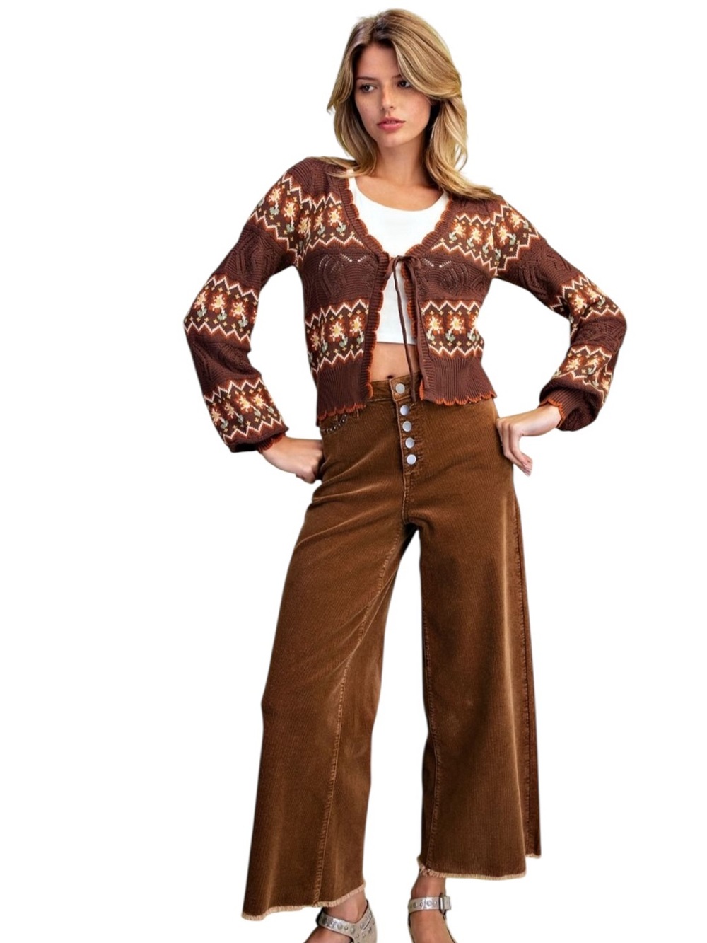 Easel Coffee Brown Crochet Cotton Long Sleeve Open knit Sweater